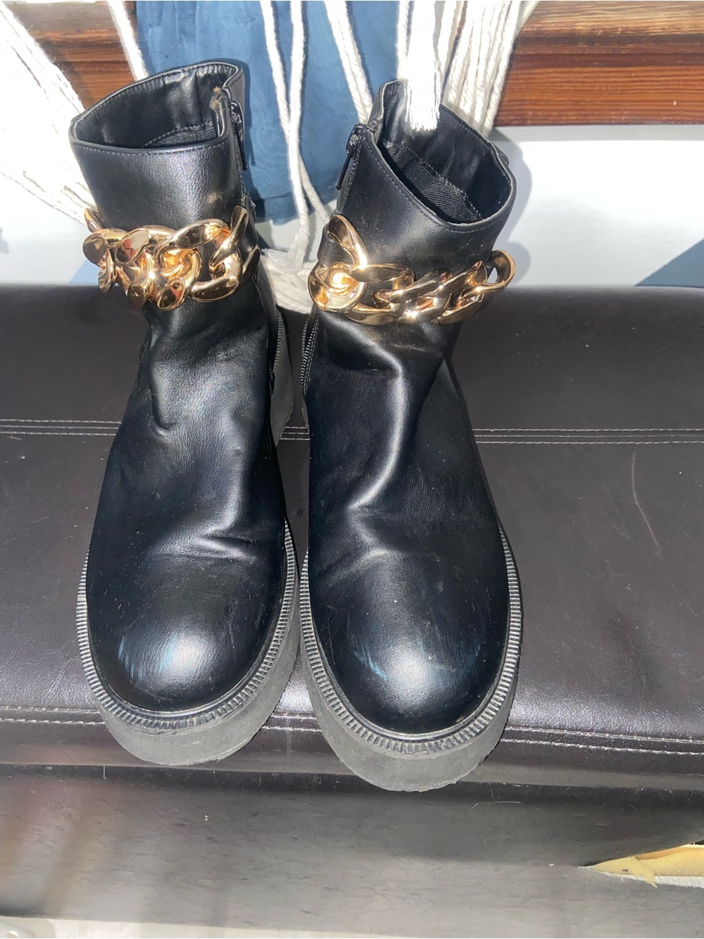 Black Platform Ankle Boots with Gold Chain Accent